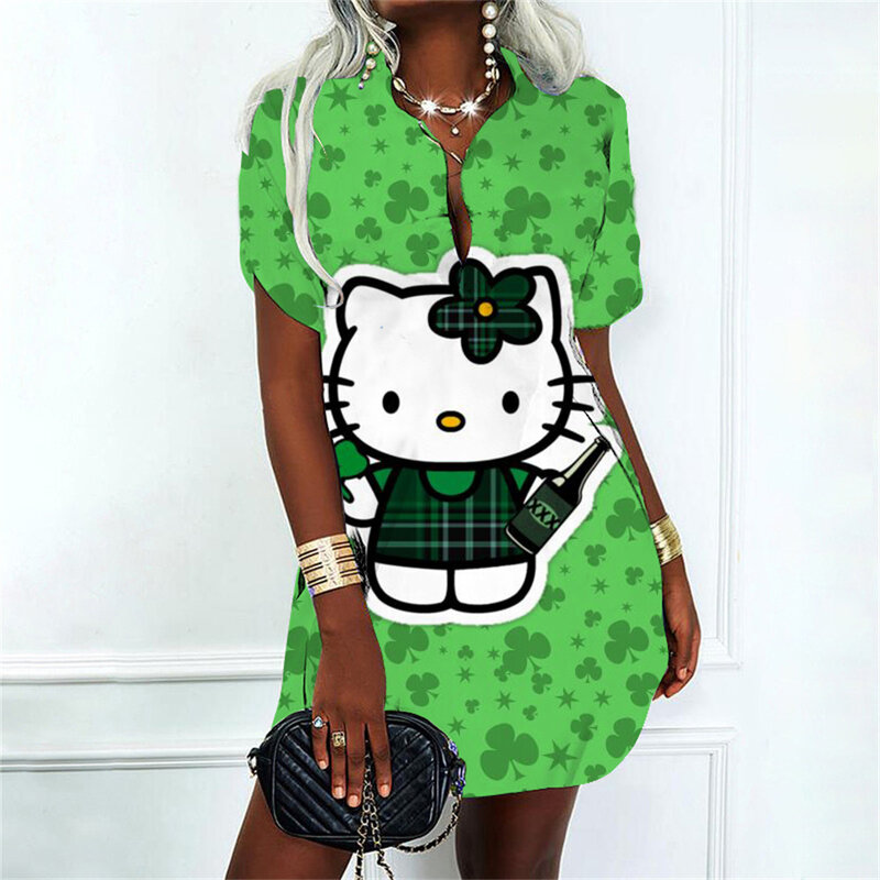 Hello Kitty Streetwear Women's Dress Fashion Polo Shirt Woman Clothes Sexy Costume Women Party Dresses Cartoon Lovely Prom Gown