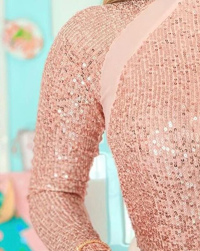 2024 Spring Fashion Women Sexy Casual Long Sleeve Tops Bodysuit O-neck Sheer Mesh Patch Contrast Sequin Skinny Bodysuit