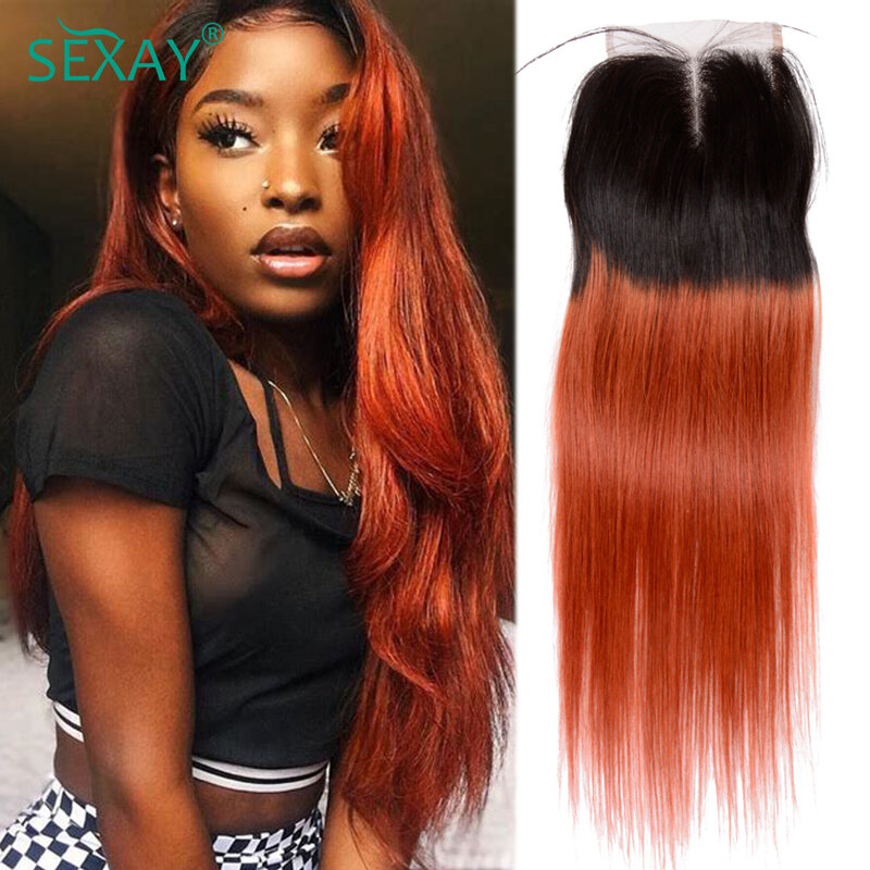 2 Tone Orange Lace Closure Baby Hair Silky Straight Human Hair 1B Hot Red Honey Blonde 4x4 Swiss Lace Closures Clearance Sale