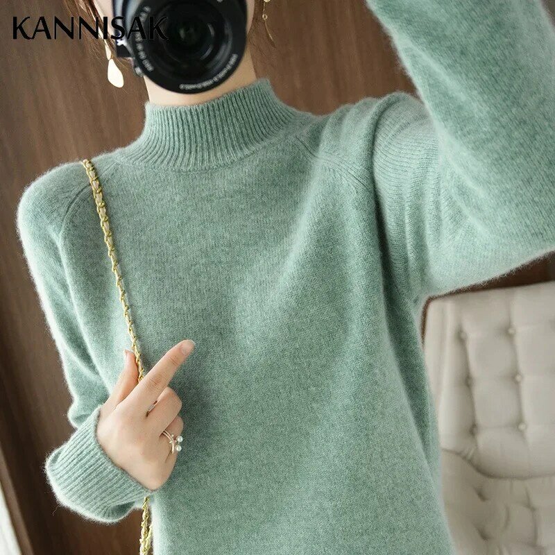2023 Herbst Winter dicke warme Pullover Frauen halb hohen Kragen Kaschmir pullover koreanische feste grüne lässige Basic Pullover Strickwaren