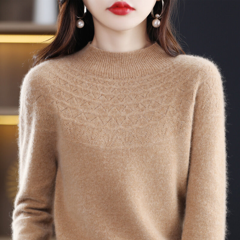 Neuer Kaschmir pullover im Herbst und Winter 100% reine Wolle Damen Semi-High-Necked Strick pullover ausgehöhlt Fashion Top