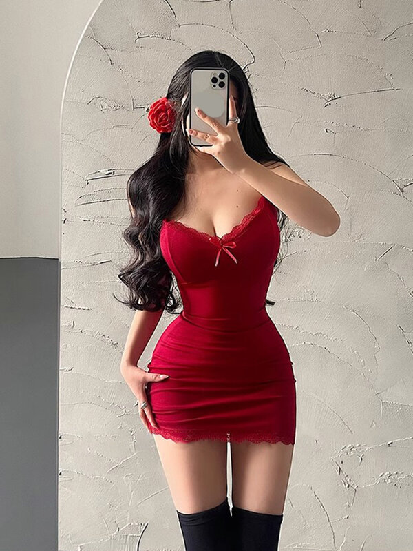 Sexy Sleeveless Slim Bodycon Mini Dress Women Camisole Party Red Short Evening Club Outfit Soild Color Summer Hip Wrap Dresses