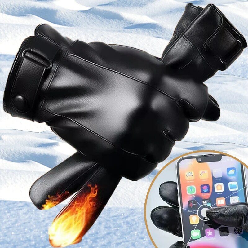 PU หนัง Touchscreen ถุงมือผู้ชายผู้หญิงถุงมือฤดูหนาว Plush Velvet Warm Full Finger ถุงมือ Windproof ขี่จักรยานขับรถ Mittens