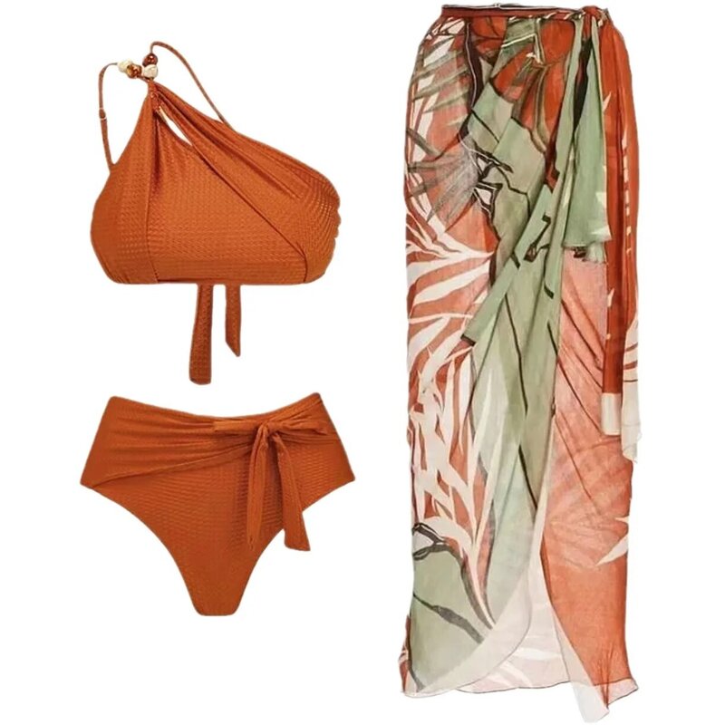 One Shoulder High Waist 3 Pieces Sets Bikini+Skirt Women 2024 Biqunis Beachwear Bathing Suit Print Monokini Summer Swimming Suit
