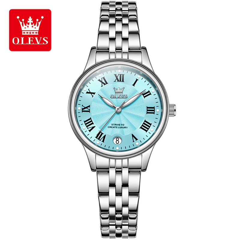 OLEVS 여성용 럭셔리 스테인리스 스틸 쿼츠 시계, 방수 야광 달력 패션 시계, Montre Femme