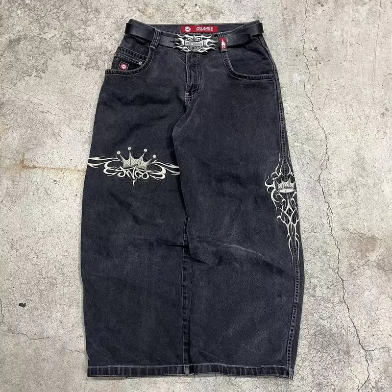 Harajuku Retro Hip Hop grafika Streetwear JNCO Jeans Y2K spodnie męskie workowate dżinsy czarne spodnie gotyckie szerokie spodnie z wysokim stanem