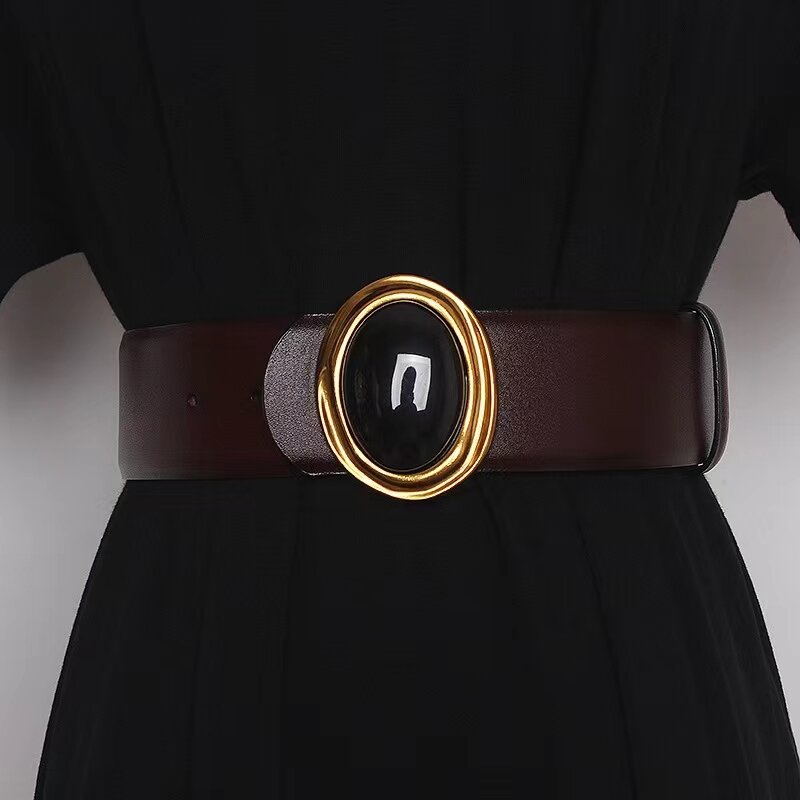 Cinturón Yaoshi negro de marca de lujo, abrigo de suéter con hebilla redonda de cuero, cinturón de cintura de disfraz del Oeste, dos capas de cuero, nuevo, 2024