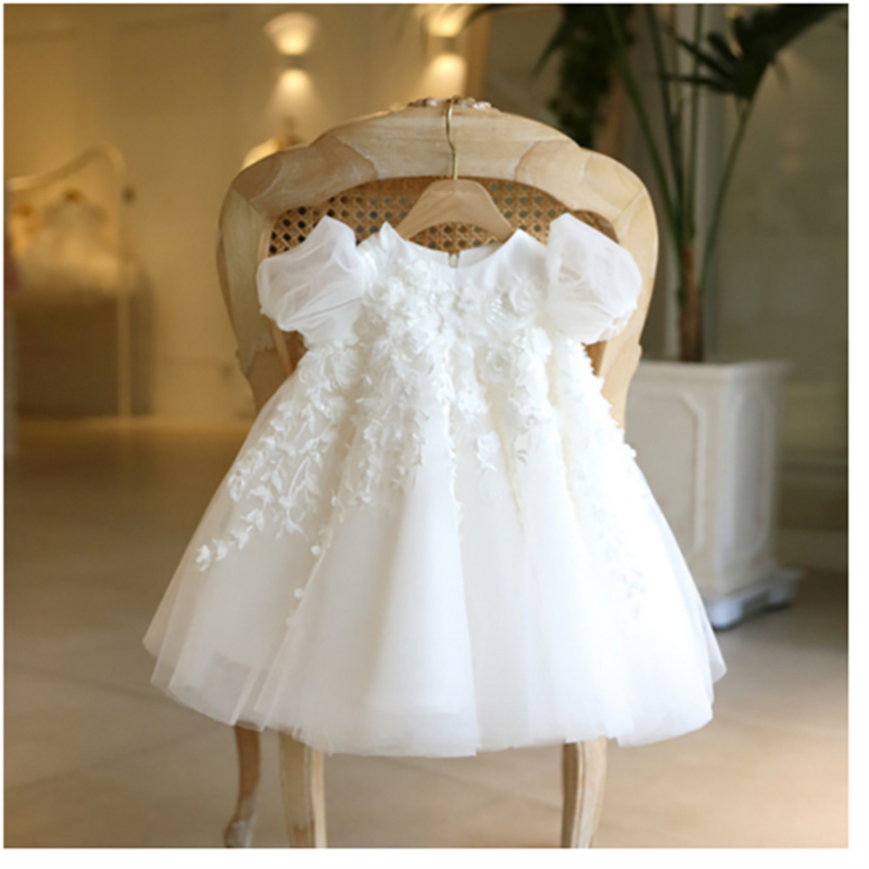 Baptism High Waisted Princess Dress White Baby Birthday Wedding Dress Flower Girl Dress Fluffy Customized Communion Gown