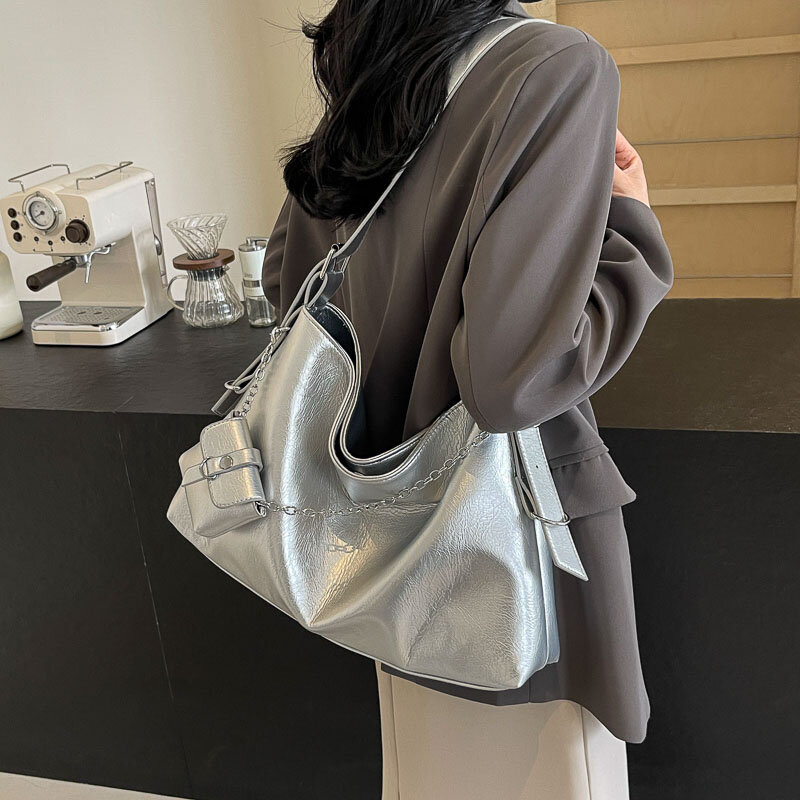 High Capacity Soft Leather Messenger Bag Tote Luxury Silver Women's Shoulder Bag With Mini Coin Purse Chic Versatile Handbag
