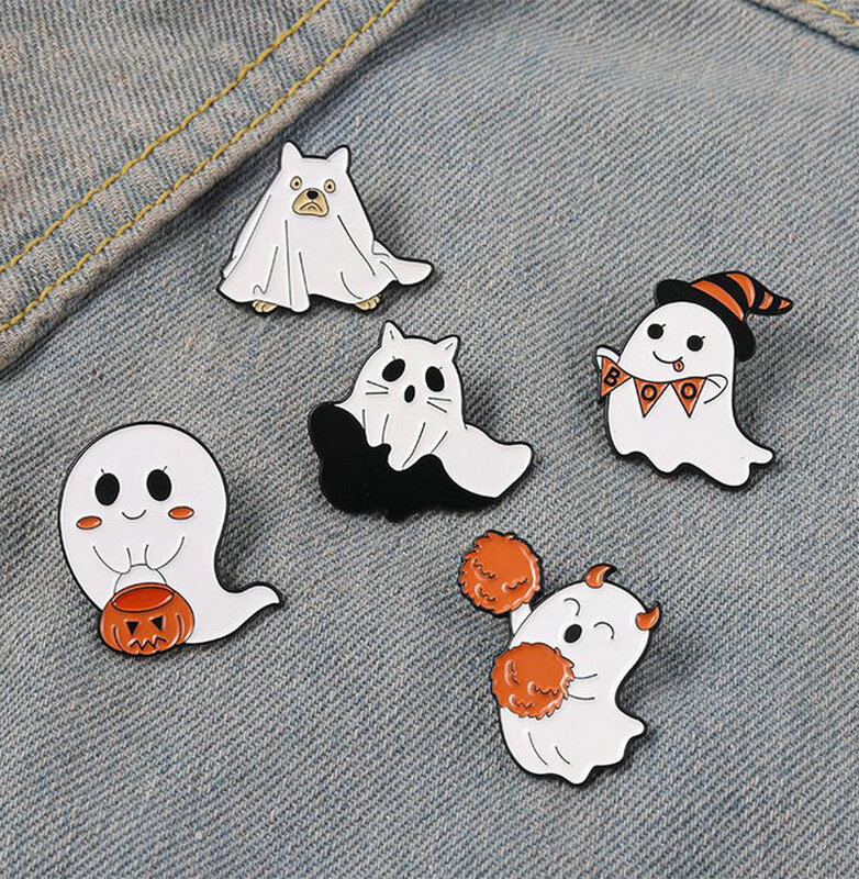 Esmalte Pins para o Halloween, Broches para Assustador, Fantasma Voador, Emblema Gótico de Abóbora, Botões Pinback, Acessórios Bonitos, Fantasma Feliz