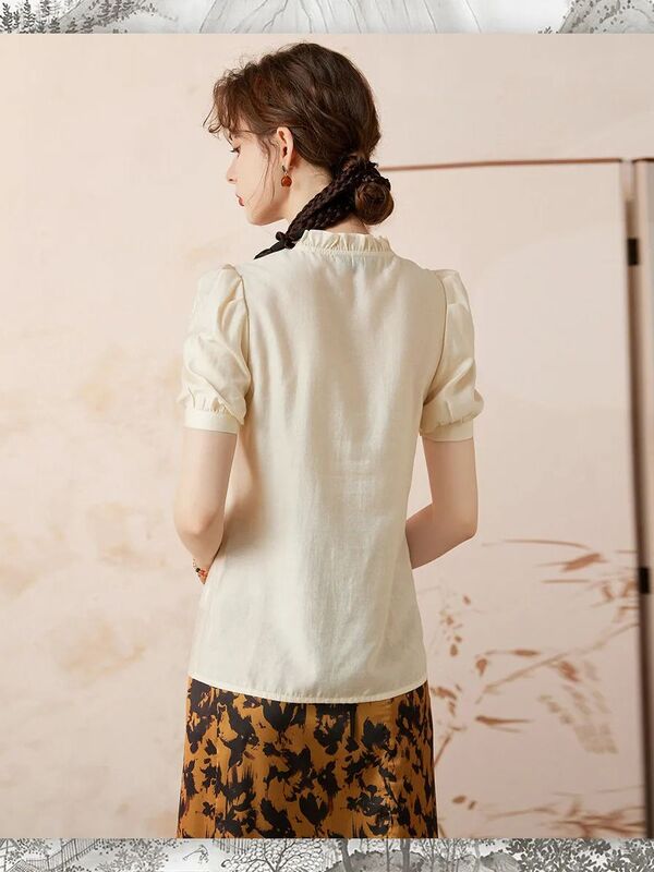 Louis Yao Chinese Stijl Shirt Elegant Stringy Selvedge Puff Blouse Jacquard Kralen Dames Shirt Top Met Korte Mouwen