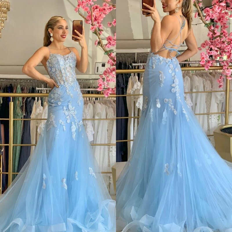 Tulle Applique Draped Pleat Celebrity A-line Spaghetti Strap Bespoke Occasion Gown Long Dresses