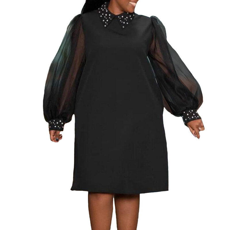 2023 abiti africani per le donne Summer Elegant Part Dress OL Beaded Robe Femme Sexy Mesh Sleeve Midi Dress Africa abbigliamento