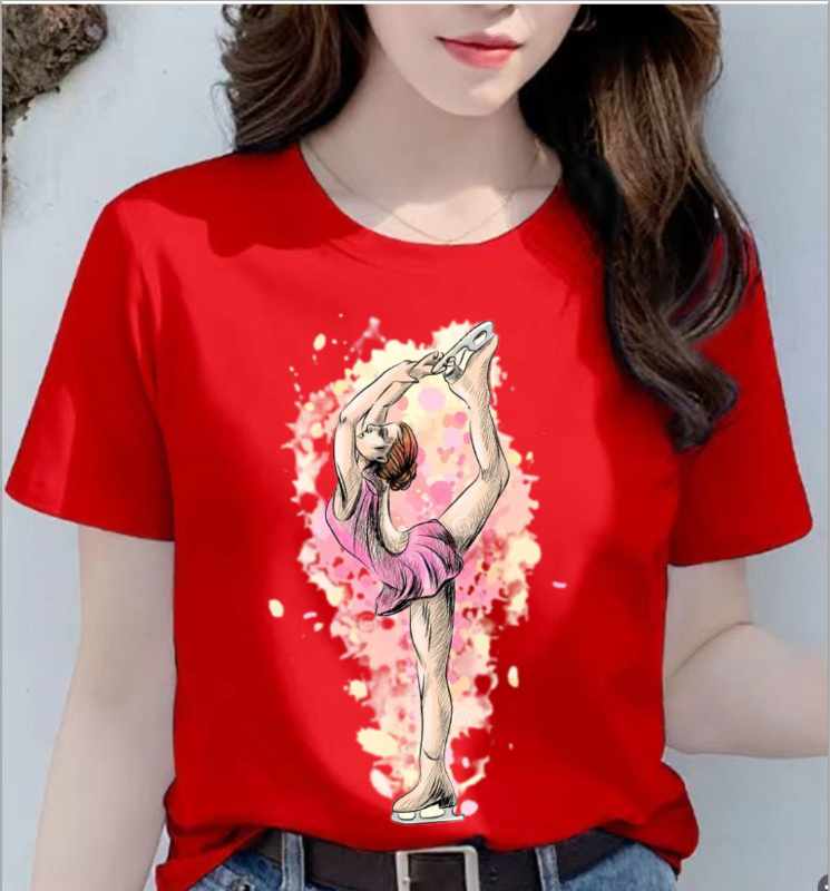 Hot Selling Watercolor Sports Fitness Yoga Ice Gymnastics Printed Short-sleeved T-shirt Women's Blouse Aesthetic Harajuku Tops