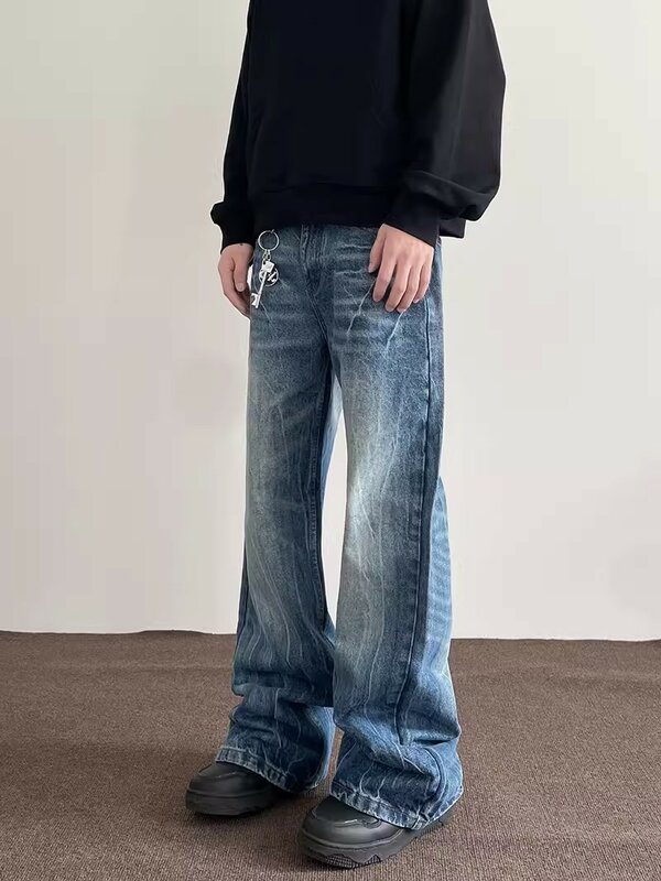 REDDACHIC Vintage Wash pomarszczone workowate dżinsy dla mężczyzn niebieskie popękane dorywczo szerokie spodnie dżinsowe luźny krój spodnie Y2k koreańskie ubrania