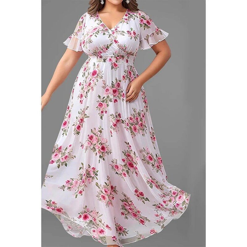 Plus Size abito lungo tunica con scollo a V e maniche a balze con stampa floreale in Chiffon rosa Casual