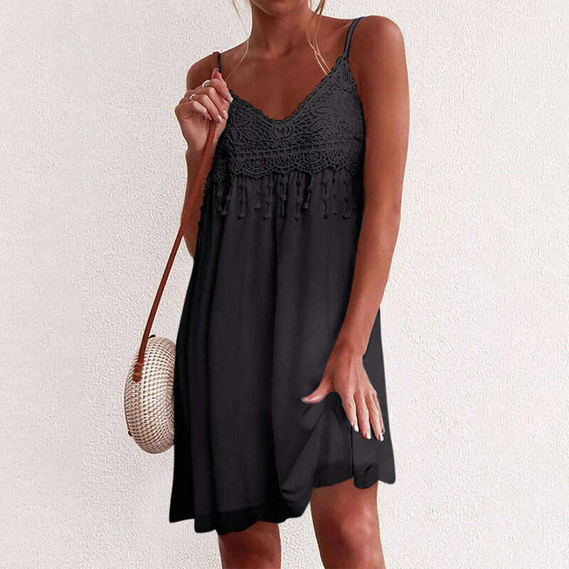 Женское мини-платье без рукавов, летнее повседневное свободное кружевное пляжное платье в стиле пэчворк, винтажное модное элегантное платье на бретелях-спагетти
