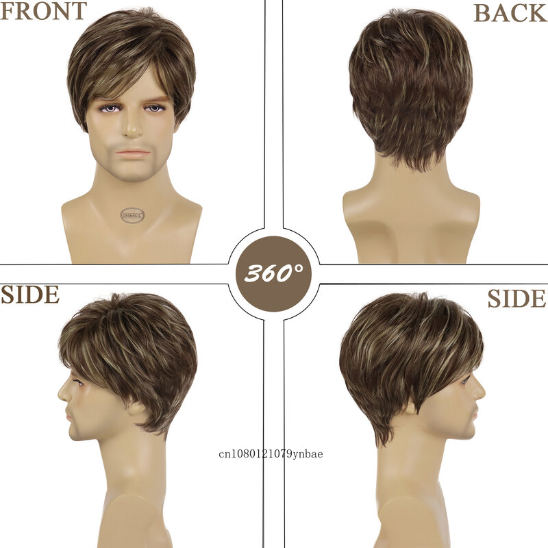 Male Short Layered Wig Synthetic Hair Mix Brown Wigs with Bangs for Men Boy Guys Heat Resistant Daily Casual Party Costume Use