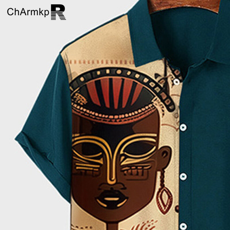 Charmkpr-Camisas masculinas de gola virada para baixo de manga curta, Botão Up Shirt, Patchwork Tops Padrão, Streetwear, Moda Verão, 2024
