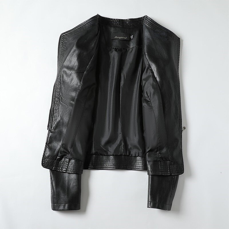 Новинка 2023, черная куртка из натуральной кожи, женское демисезонное новое пальто из овчины, модная короткая мотоциклетная кожаная куртка C