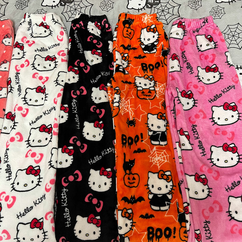 Sanrio Hello Kitty Pijama de flanela feminina, calça de lã quente, calça casual para desenhos animados, preta, outono, inverno