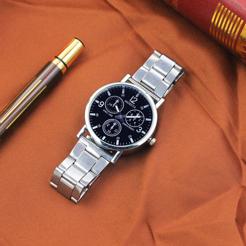 Jam tangan untuk pria modis jam tangan baja wajah hitam tanpa kaca bercahaya biru jam tangan kaca baja mie hitam Fesyen