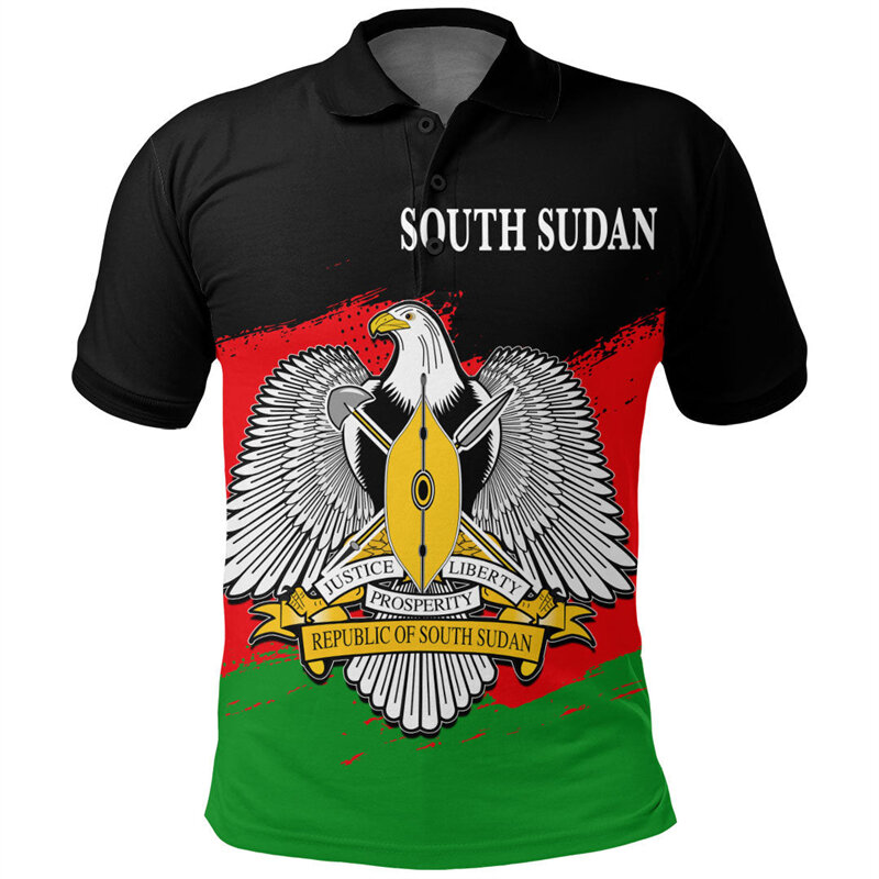 Polo imprimé en 3D avec emblème national pour hommes, maillot à manches courtes, blason fosotique, carte du Soudan du Sud, Afrique, sensation
