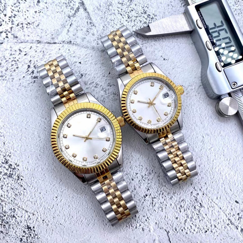 Mulheres e homens impermeável aço inoxidável relógio com ouro embutidos diamante caso, alta qualidade luxo marca relógios, Lady Girl Date, apenas