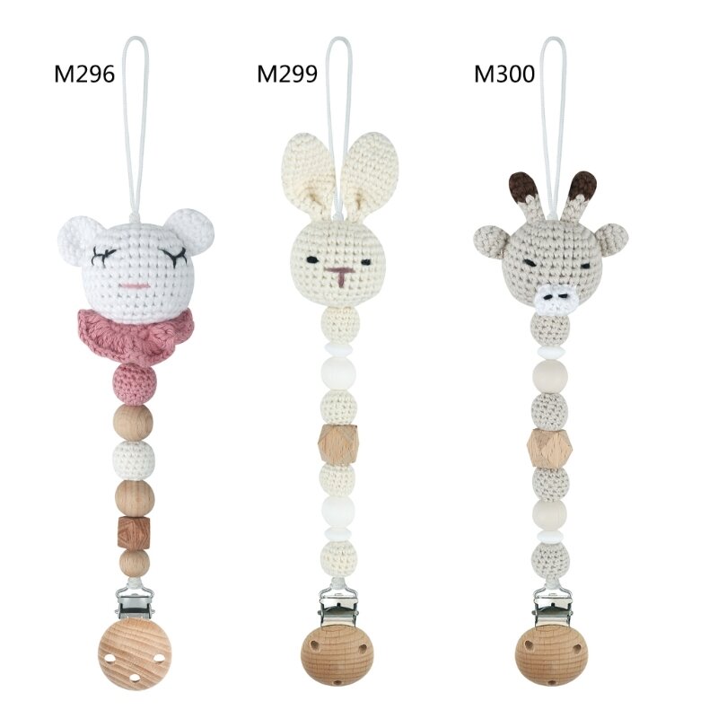 Handmade Crochet Baby Pacifier Clip Cartoon Animal Knitted Beads Soother Chain Anti-drop Newborn Dummy Holder Nipple Clips