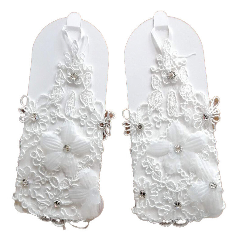Sarung tangan pernikahan pengantin wanita, Aksesori pernikahan Applique payet tanpa jari renda putih