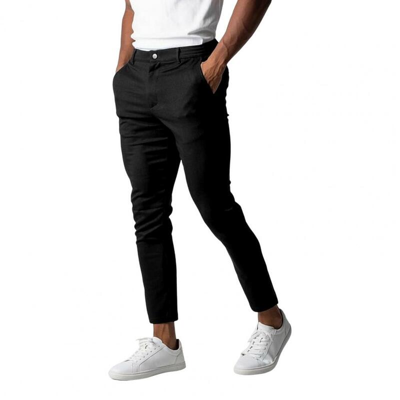 Męskie spodnie typu Casual Slim Fit biznesowe formalne spodnie męskie z elastycznym zapinanym na guziki kieszeniami w jednolitym kolorze miękkie oddychające