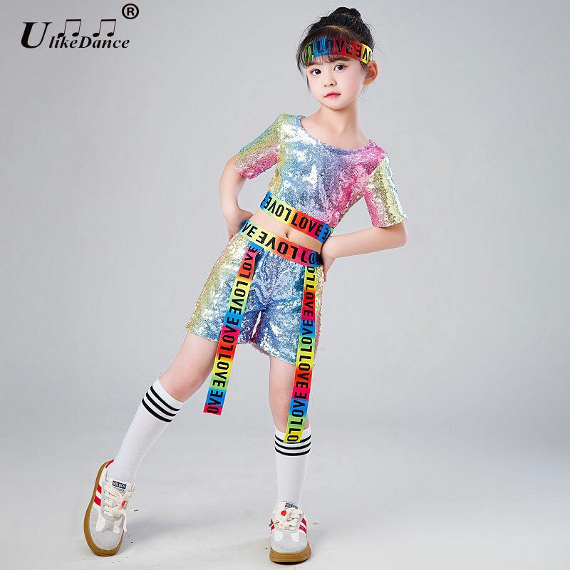 Kids Sequined Hip Hop Outfits Girls Jazz Tap Dancing Tops+Pants Boy Child Dance Stage wear Ballroom Party Dancewear Costumes