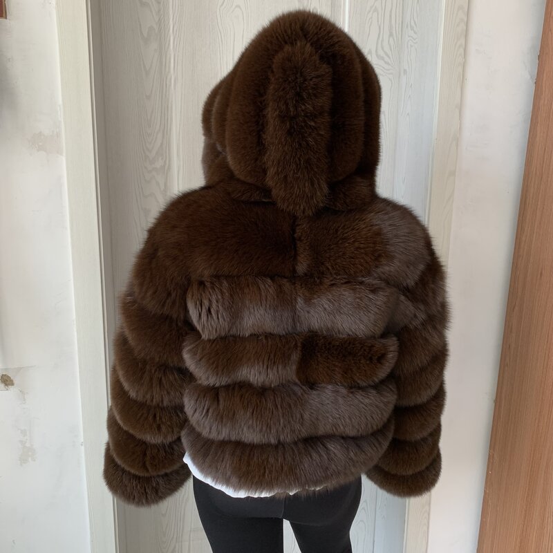 Abrigo con capucha de piel real para mujer, chaqueta cálida de mapache esponjoso de alta calidad, piel de zorro real natural, moda de invierno, 2023