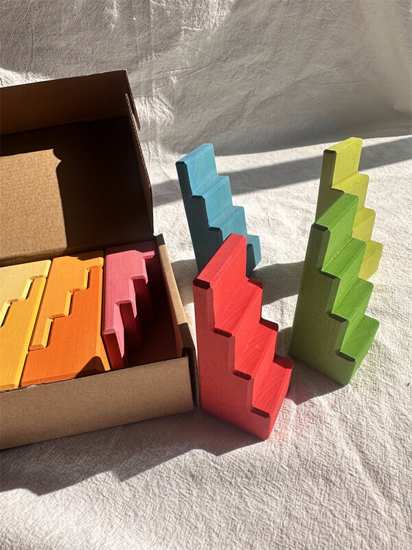 Blocchi di legno di grandi dimensioni costruzione di arcobaleno di calce impilabile cubi a forma di gradino di pietra d'angolo per il gioco creativo dei bambini