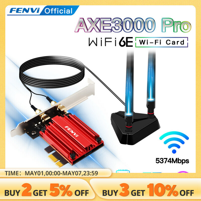 FENVI adaptor WiFi, WiFi 6E AX210 5374Mbps Tri Band 2.4G/5G/6Ghz Blue-tooth 5.3 802.11AX kartu jaringan nirkabel merah Win10/11