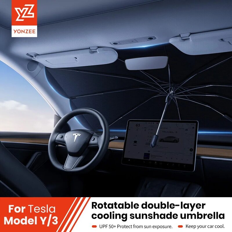YZ-Windproof Pára-sol dianteiro para Tesla, pára-brisa do carro, viseira solar, tampa UV, acessórios do carro, modelo 3, modelo Y, 360 ℃ girar, 2024
