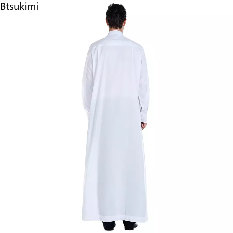 Muslim Timur Tengah Pria Lengan Panjang Robe Arab Crew Neck Islamic Warna Solid Kaftan Gamis Maxi-Muslim Dubai Long Abaya