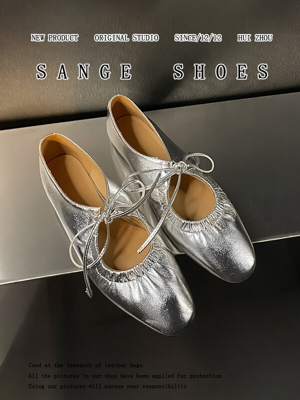 Unique design of European and American lace up leather round toe Mary Jane 2024 new flat bottom pleated single shoes