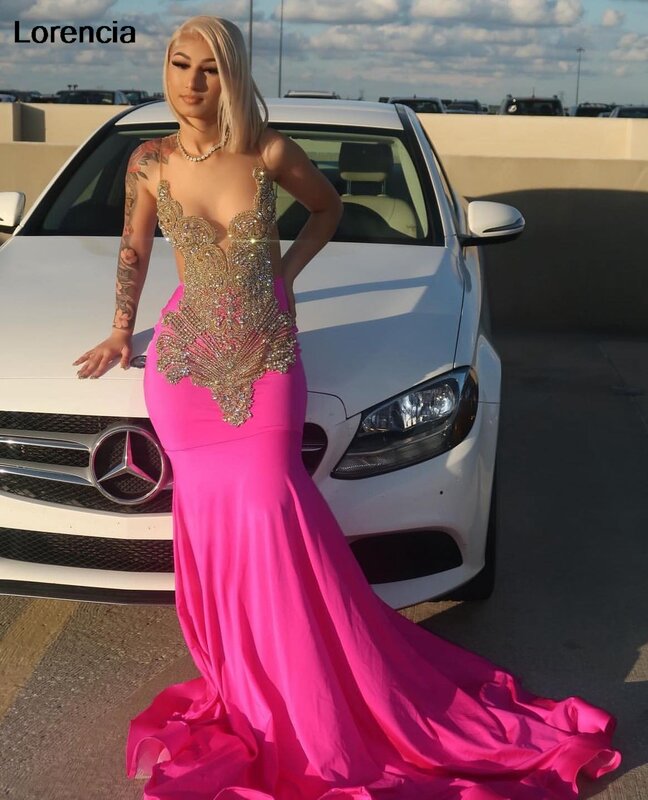 Lorencia Pink Rhinestones Prom Dress African Slay Queen Dress For Blackgirl Silver Beaded Crystal Formal Party Gala Gown YPD109