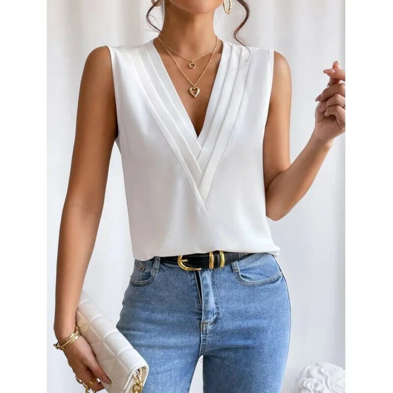 Ladies Sleeveless White Blouse 2024 Summer New Multi Layered V-neck Solid Tank Top For Women Shirts Blusas Femininas