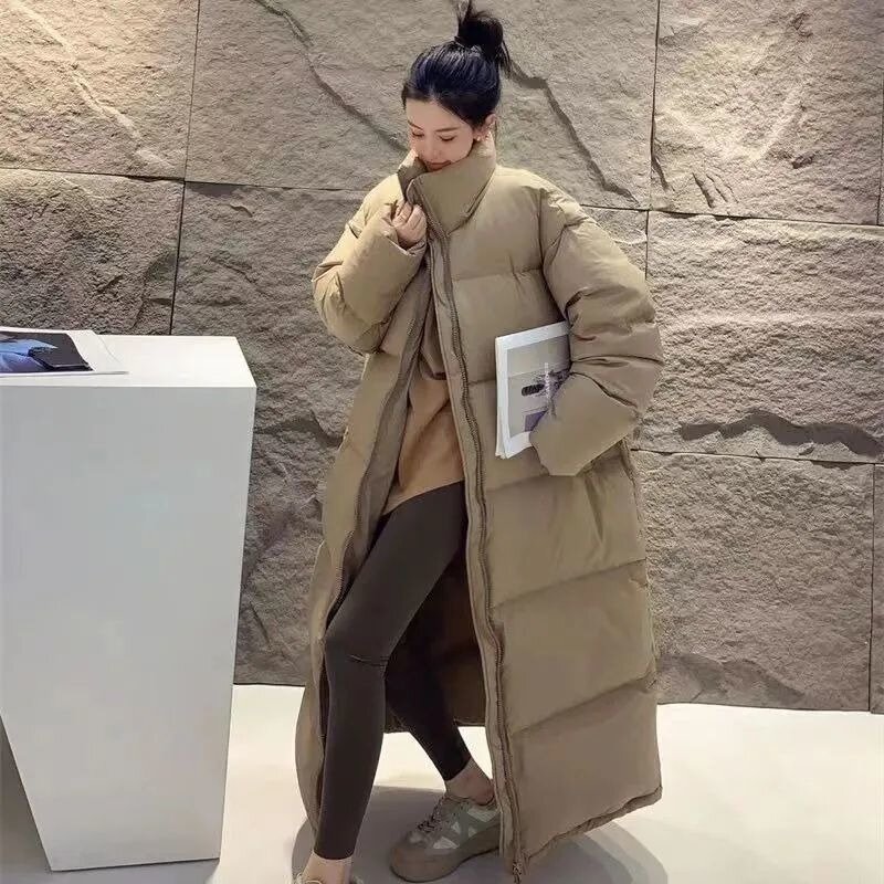 Jaket parka Panjang Bawah Panjang wanita, mantel tebal termal padat kerah berdiri tahan angin gaya Korea sederhana Chic pakaian jalanan