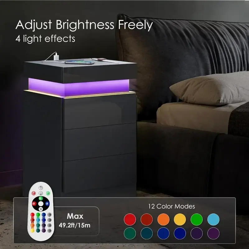 LED Bedside Table With 3 Bedroom Drawers 16-color Lights and 2 AC and 2 USB Ports Bedside Tables for the Bedroom Nightstands