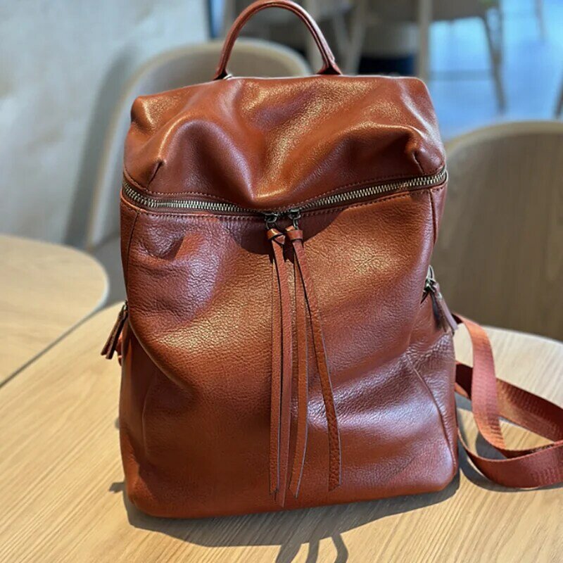 Vintage leather female baotou layer cowhide book bag travel large capacity shopping bag 2024 summer new street trend luggage