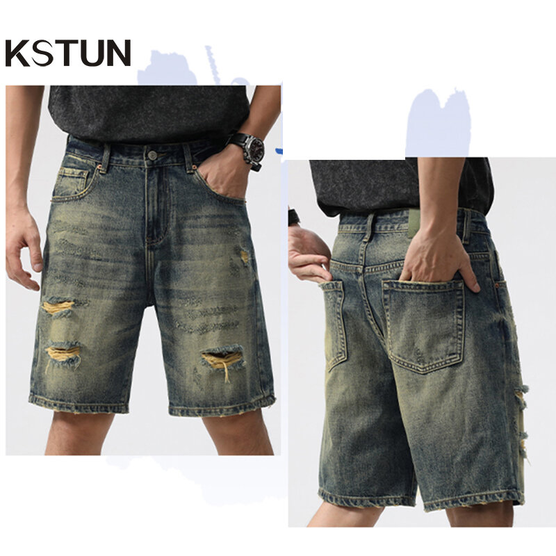 Summer Short Jeans Men Denim Shorts Loose Fit Wide Leg Hip Hop Distressed Hollow Out Men's Shorts Knee Length Pants Vintage