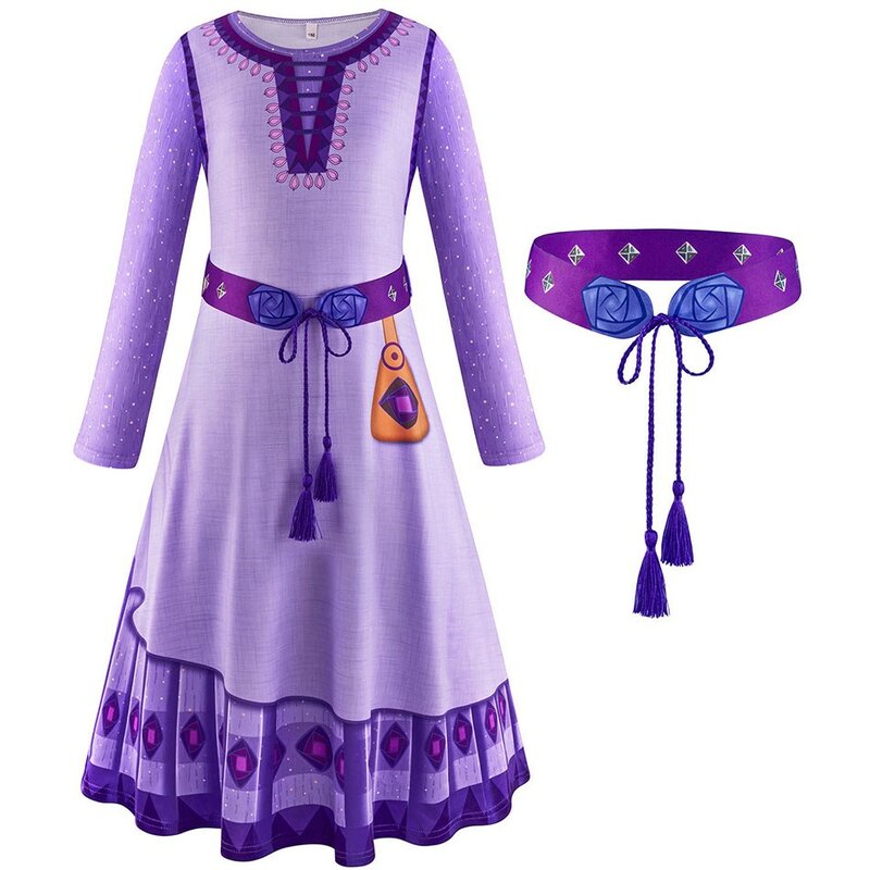 Wish Asha kostum putri anak perempuan, gaun Cosplay lengan panjang ungu 4-12 tahun
