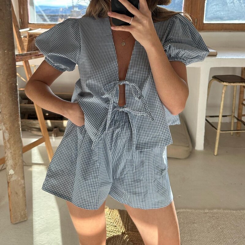 Maemukilabe Y2K Vintage Plaid Outfit Loose V Neck Puff Sleeve Front Tie-Up Blouse Top + Shorts Women 2 Piece Lounge Matching Set