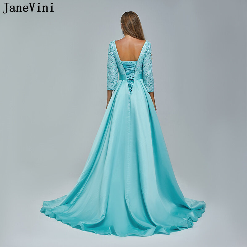 JaneVini-우아한 블루 새틴 이브닝 드레스, 파란색 레이스 긴 소매 섹시한 높은 분할 나이트 드레스, 여성 v-넥 파티 가운