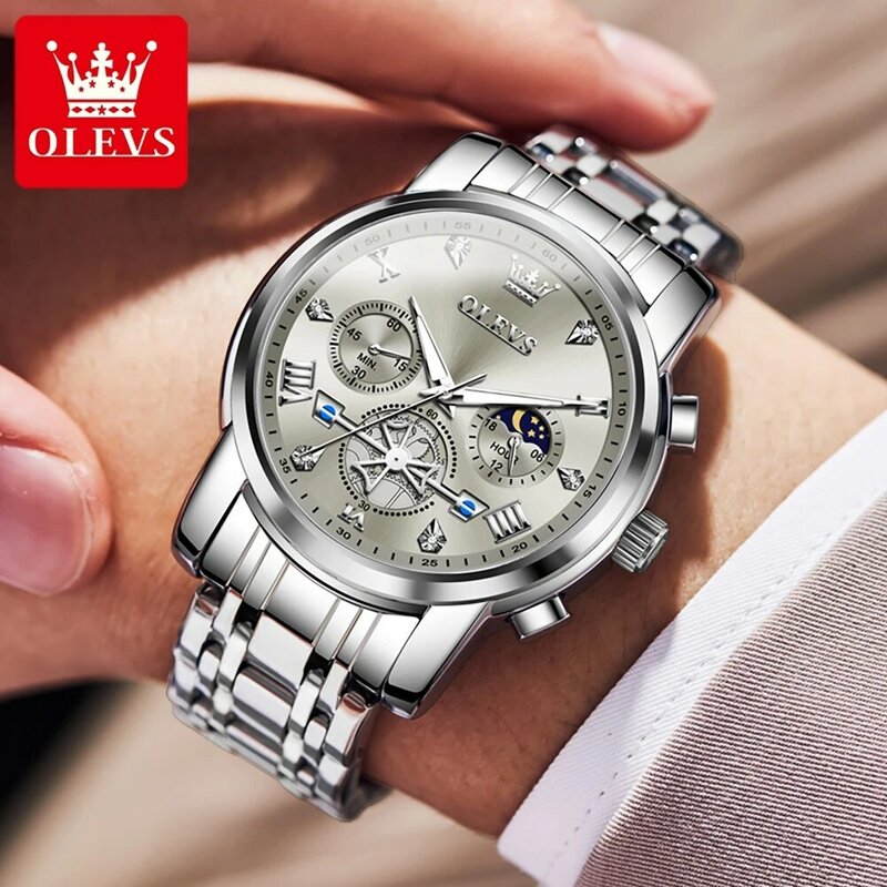OLEVS-Relógio de pulso quartzo luminoso masculino, escala romana, impermeável, fase da lua, cronógrafo, vestido, top original