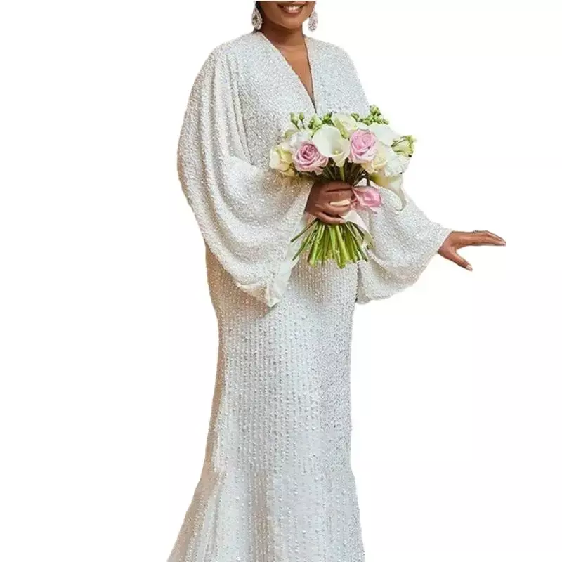 Vestidos de fiesta de boda africanos blancos con lentejuelas para mujer, de noche maxivestidos africanos de manga larga con cuello en V, ropa de primavera, 2024