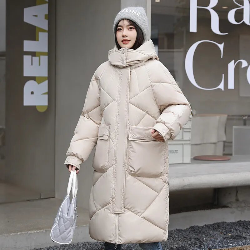 Duża kurtka damska płaszcz ocieplany 2023 zimowa nowa damska luźna puchowa kurtka bawełniana luźna parki z kapturem długi płaszcz